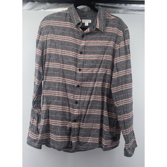 Sun + Stone Mens Medium Serape Stripe Linen/cotton Blend Button Shirt Gray Coral - Picture 1 of 7